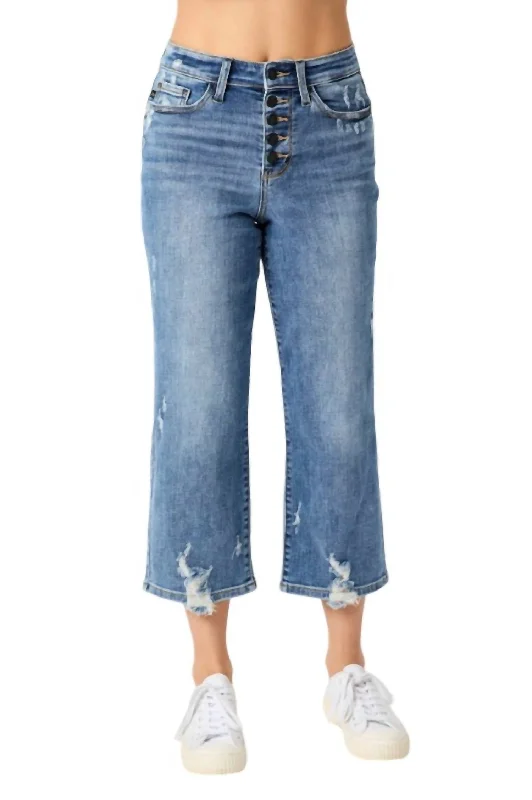 Hemingway Button Fly Wide Leg Crop Jean In Washed Blue