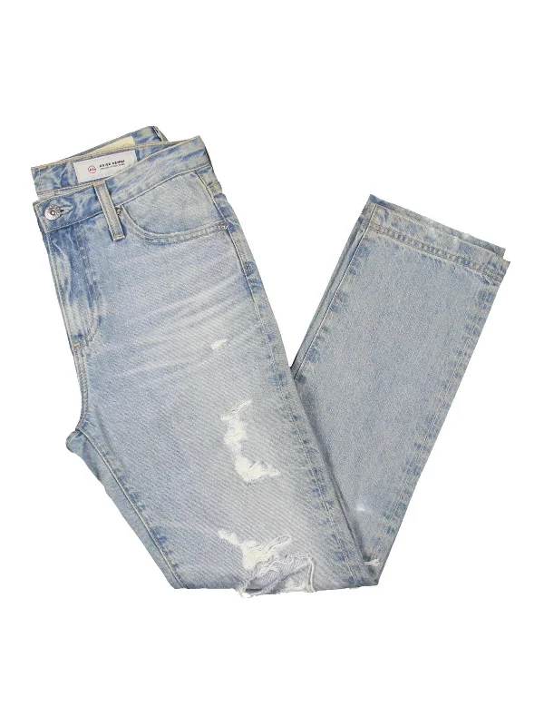 Womens Cotton Distressed Straight Leg Jeans