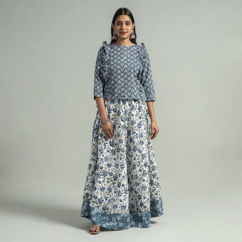 Grey - Sanganeri Block Printed Cotton Long Skirt