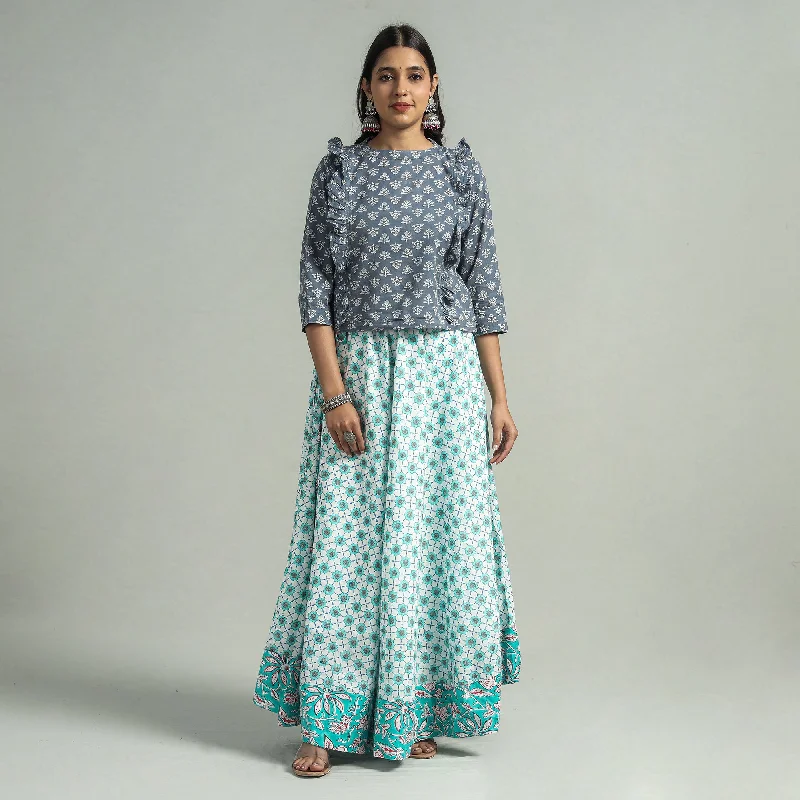 Blue - Sanganeri Block Printed Cotton Long Skirt