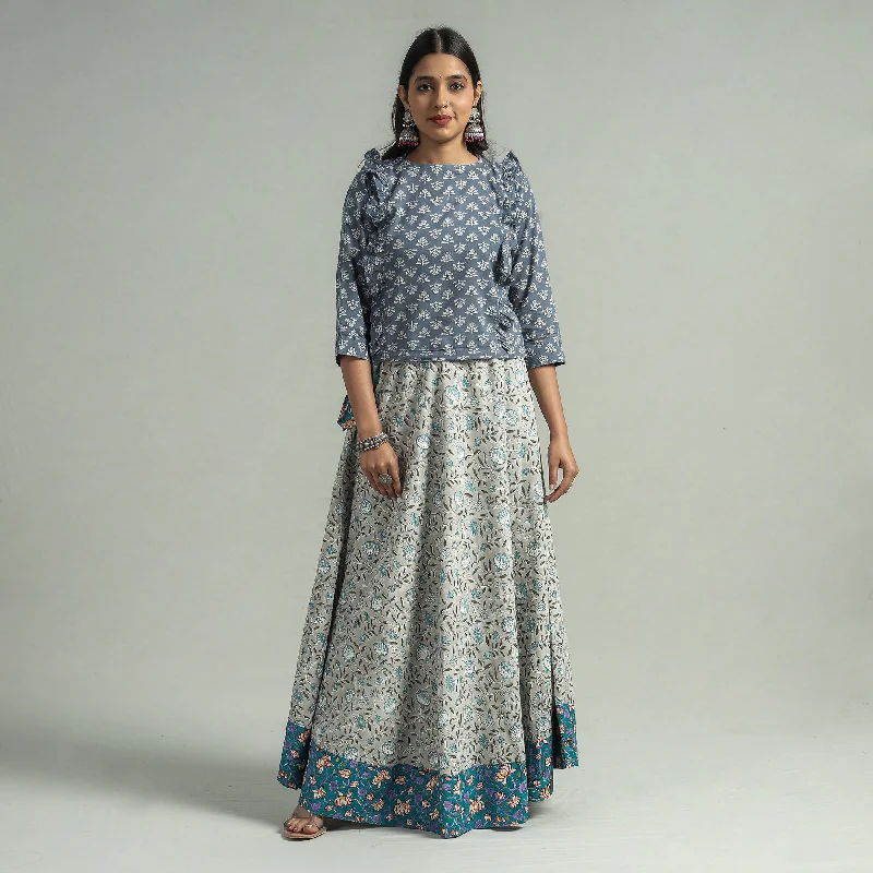 White - Sanganeri Block Printed Cotton Long Skirt