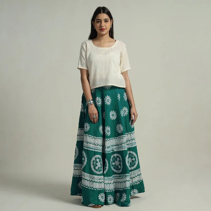 Green - Hand Batik Printed Running Stitch Cotton Long Skirt 71