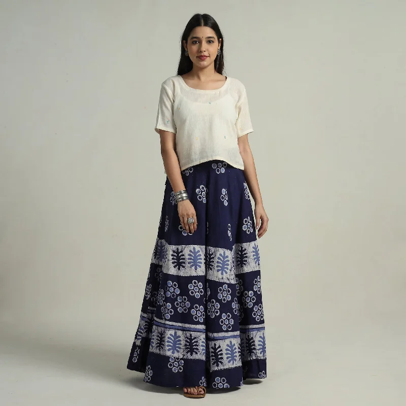 Blue - Hand Batik Printed Running Stitch Cotton Long Skirt 77