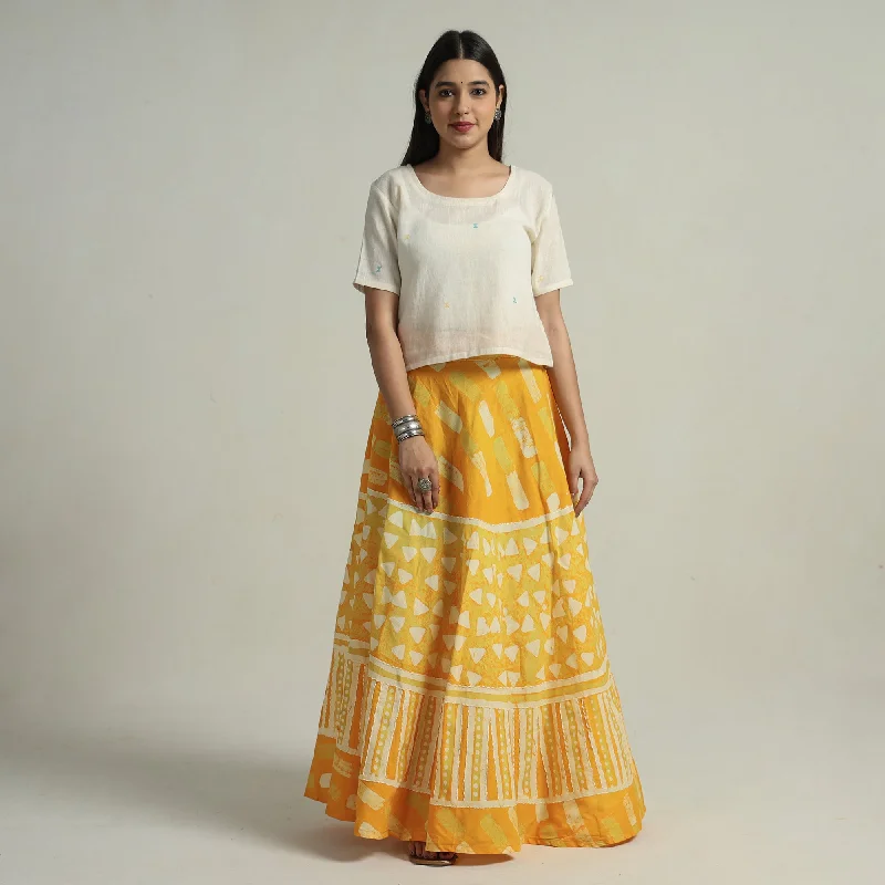 Yellow - Hand Batik Printed Running Stitch Cotton Long Skirt 78