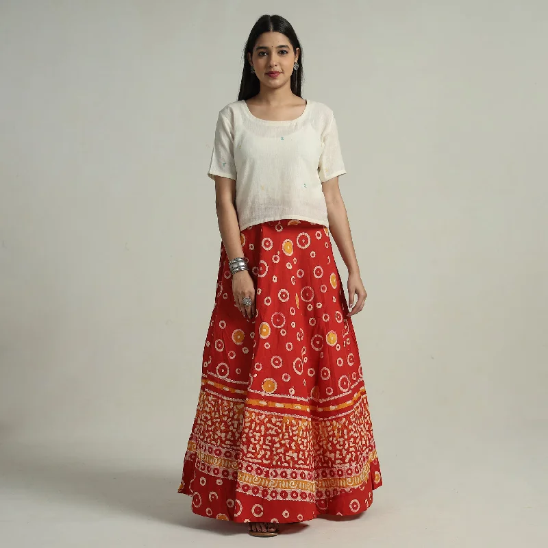 Red - Hand Batik Printed Running Stitch Cotton Long Skirt 79