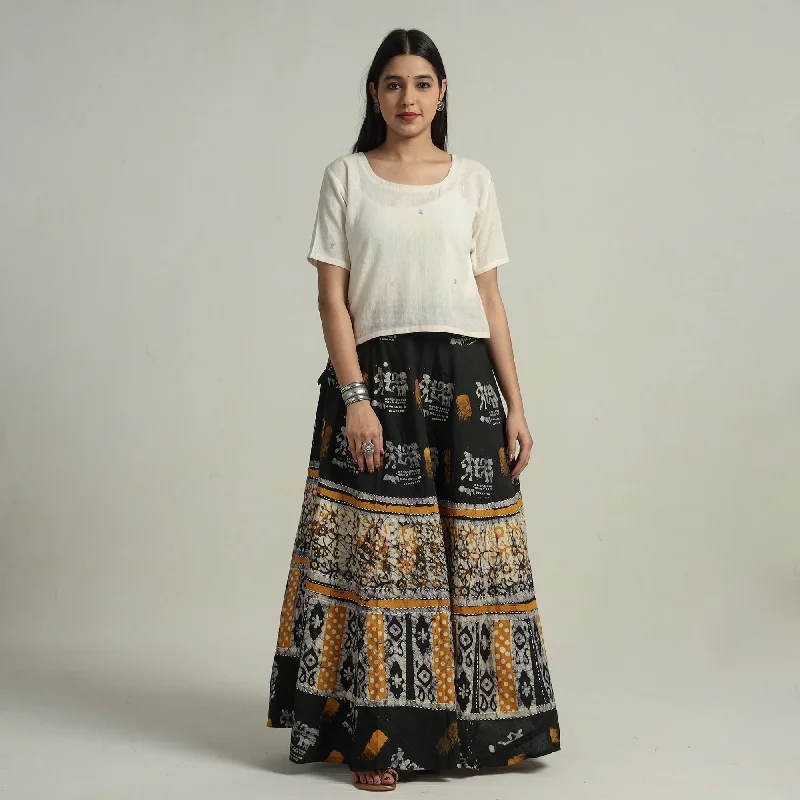 Black - Hand Batik Printed Running Stitch Cotton Long Skirt 88