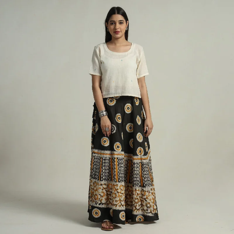 Black - Hand Batik Printed Running Stitch Cotton Long Skirt 84