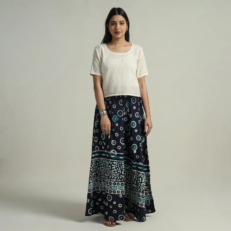 Blue - Hand Batik Printed Running Stitch Cotton Long Skirt 93