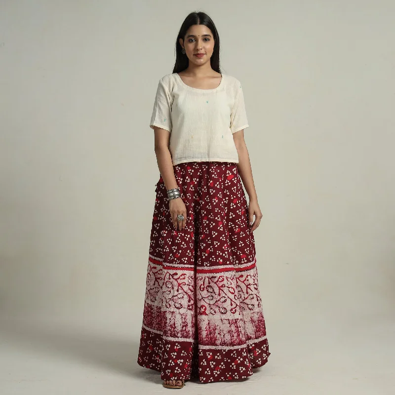 Maroon - Hand Batik Printed Running Stitch Cotton Long Skirt 51