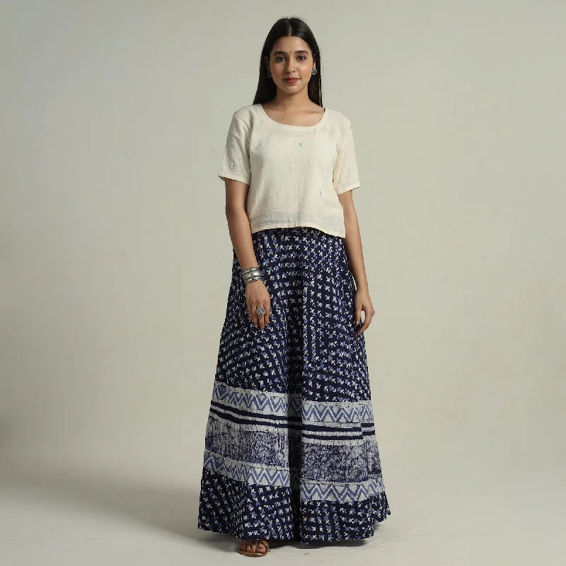 Blue - Hand Batik Printed Running Stitch Cotton Long Skirt 52