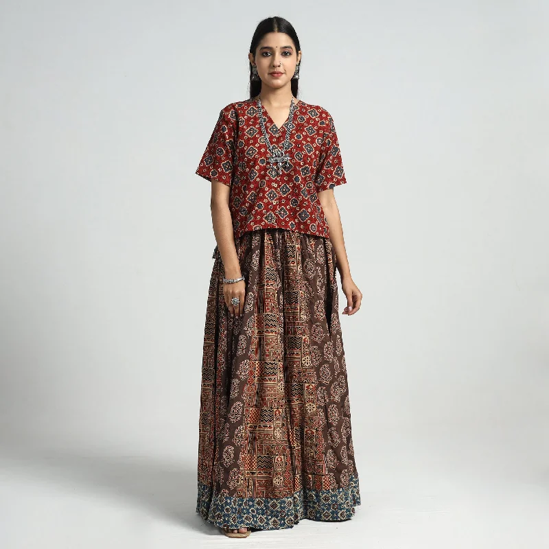 Brown - Ajrakh Block Printed 24 Kali Patchwork Cotton Long Skirt