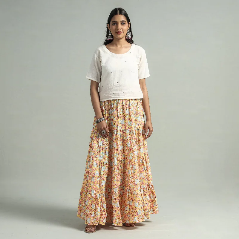 Yellow - Sanganeri Block Printed Tiered Cotton Long Skirt