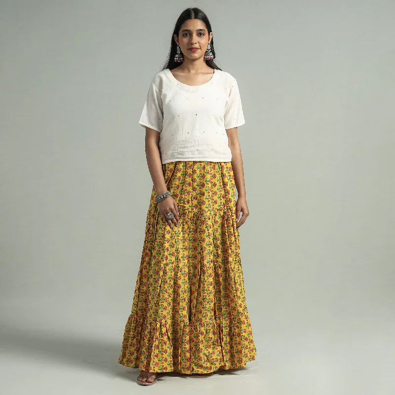 Yellow - Sanganeri Block Printed Tiered Cotton Long Skirt