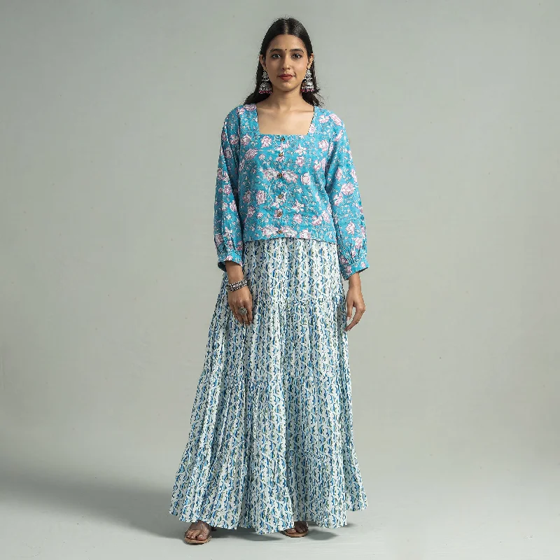 White - Sanganeri Block Printed Tiered Cotton Long Skirt