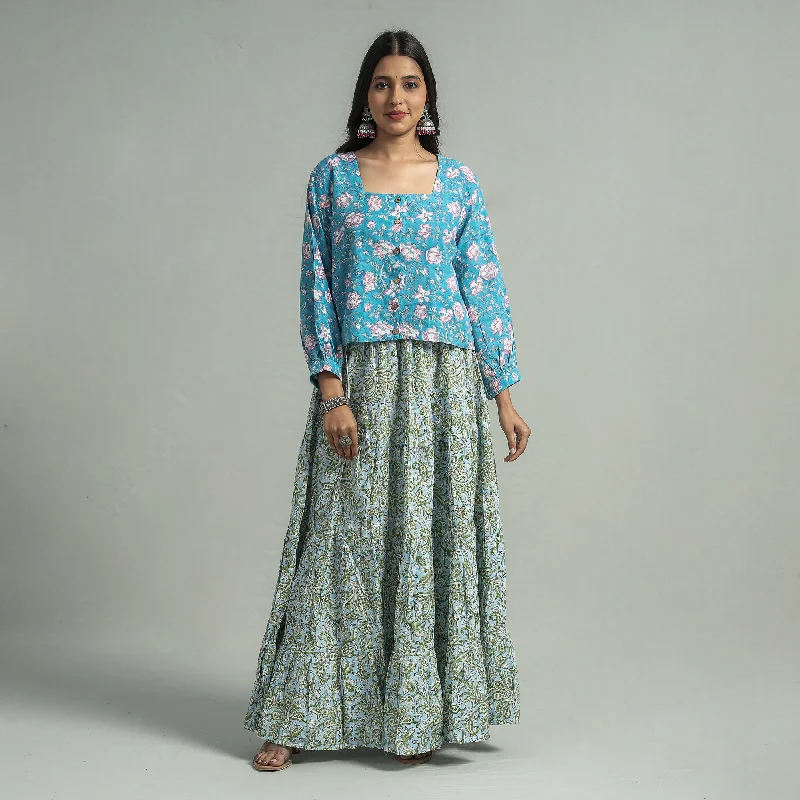 Blue - Sanganeri Block Printed Tiered Cotton Long Skirt