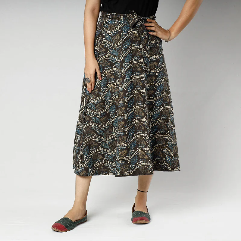 Brown - Ajrakh Block Printed Cotton Wrap Around Skirt