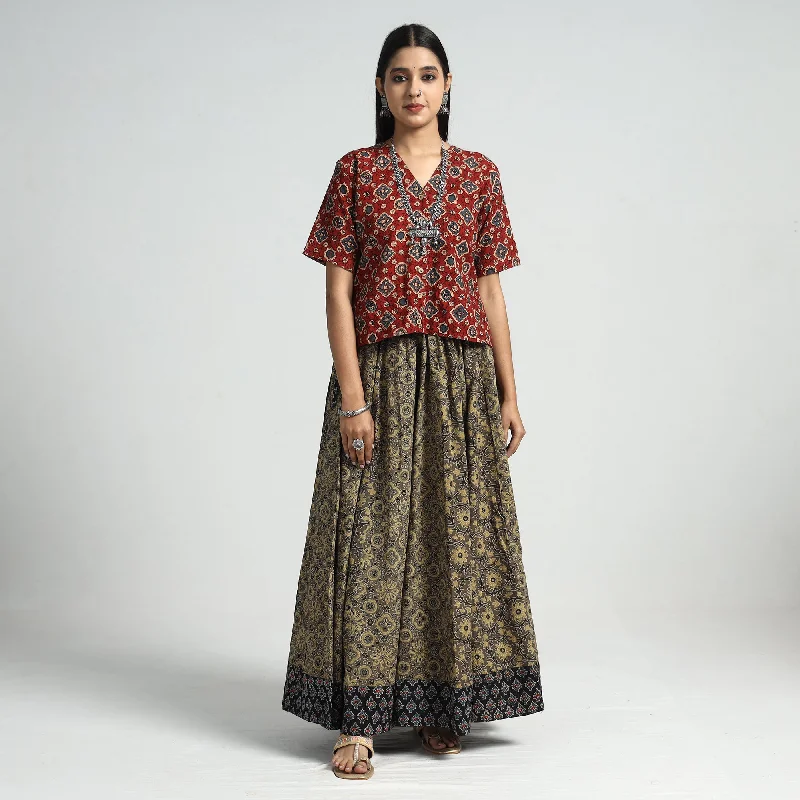 Brown - Ajrakh Block Printed 24 Kali Patchwork Cotton Long Skirt