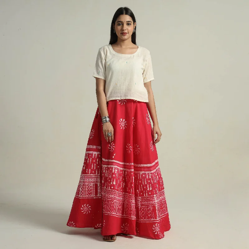 Pink - Hand Batik Printed Running Stitch Cotton Long Skirt 16