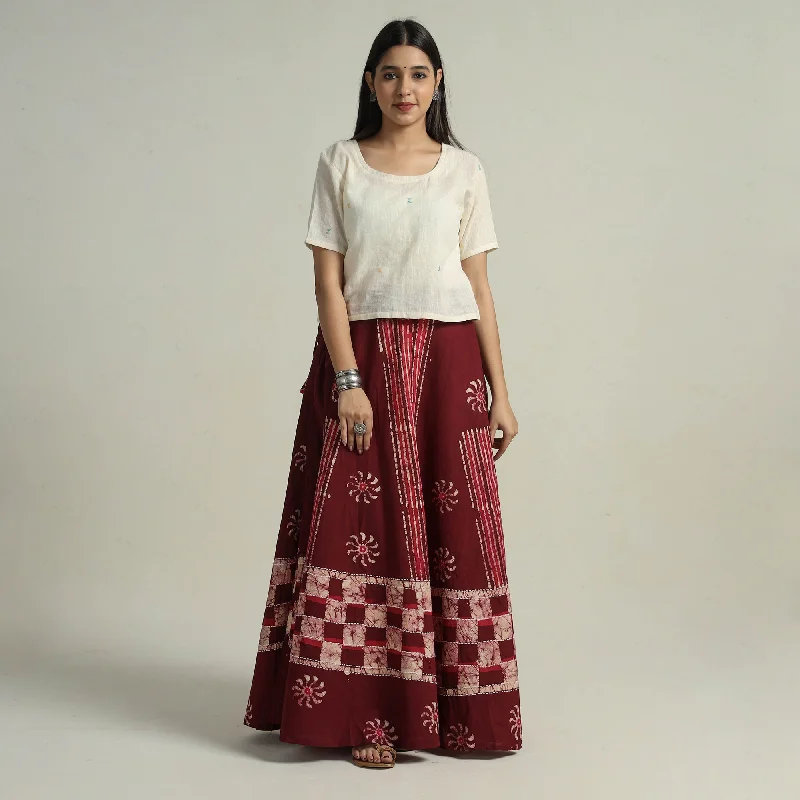 Maroon - Hand Batik Printed Running Stitch Cotton Long Skirt 04