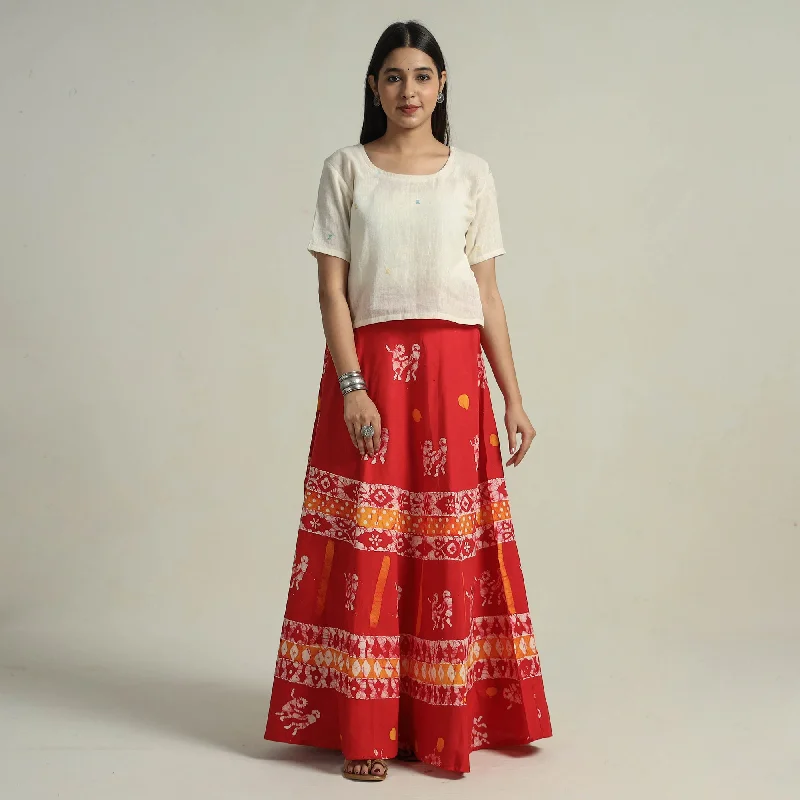 Red - Hand Batik Printed Running Stitch Cotton Long Skirt 12