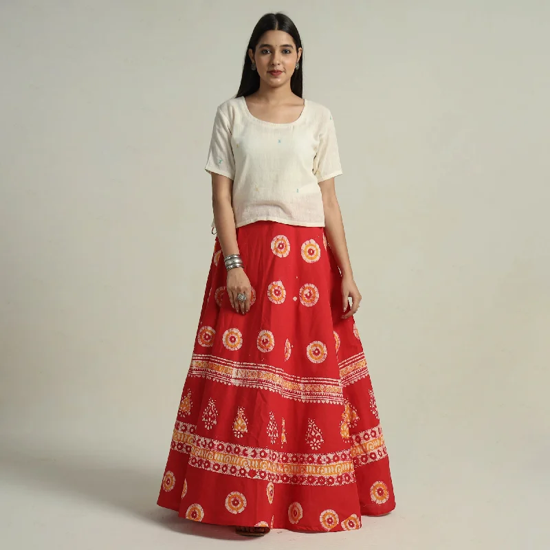 Red - Hand Batik Printed Running Stitch Cotton Long Skirt 17