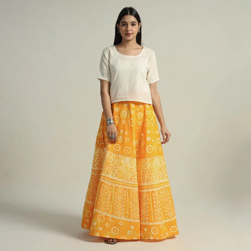 Yellow - Hand Batik Printed Running Stitch Cotton Long Skirt 07