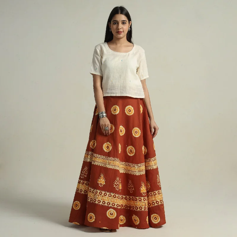 Brown - Hand Batik Printed Running Stitch Cotton Long Skirt 06