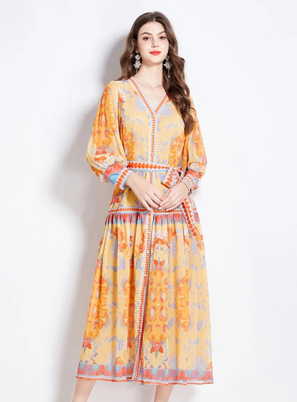 CHIFFON V-NECK LANTERN SLEEVE PRINTED DRESS