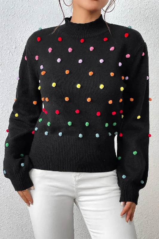 WOMEN RIBBED HIGH NECK COLOR SWISS DOT JUMPER TOP