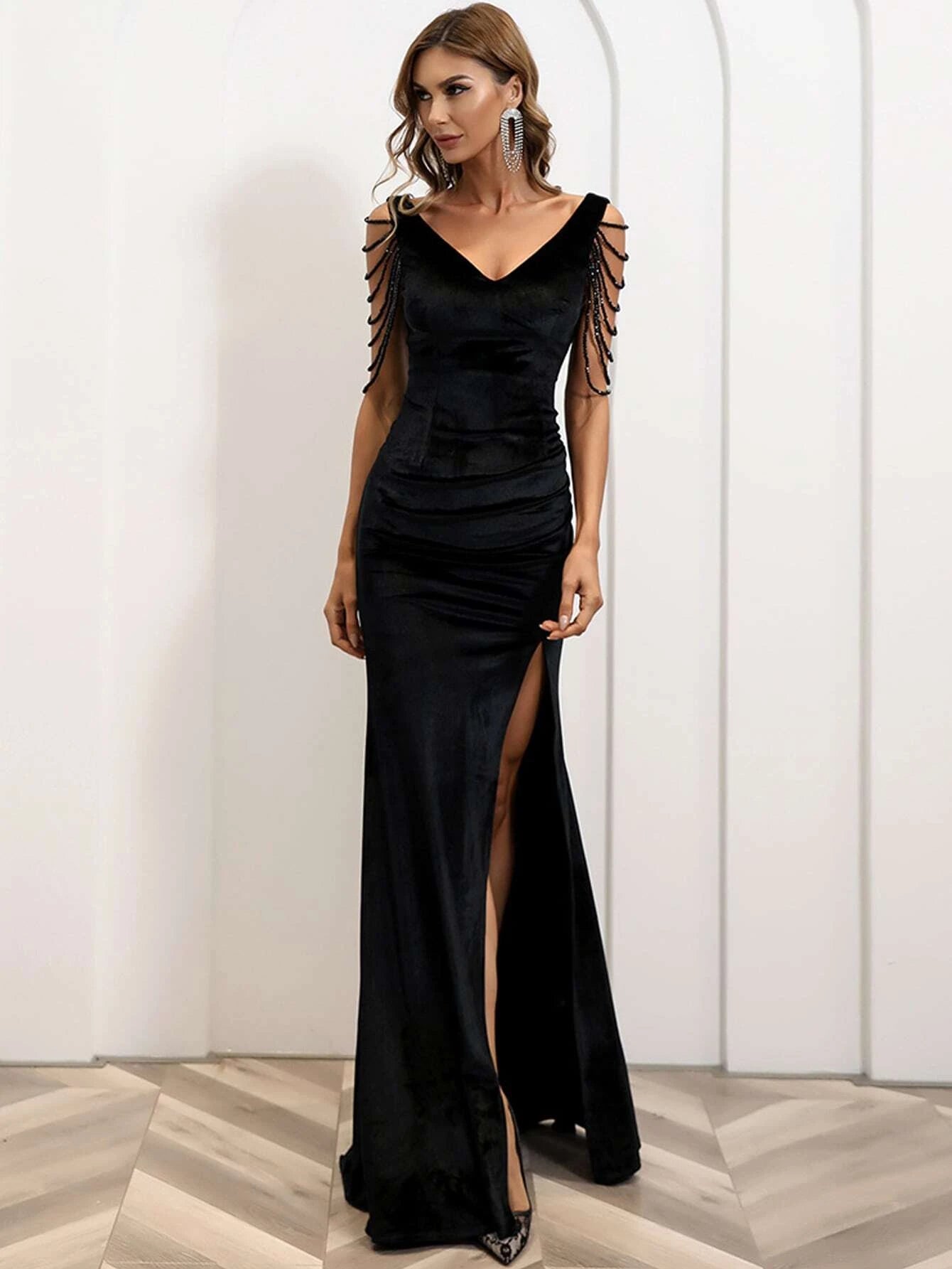 High Slit Black Beaded Sleeve Evening Dress