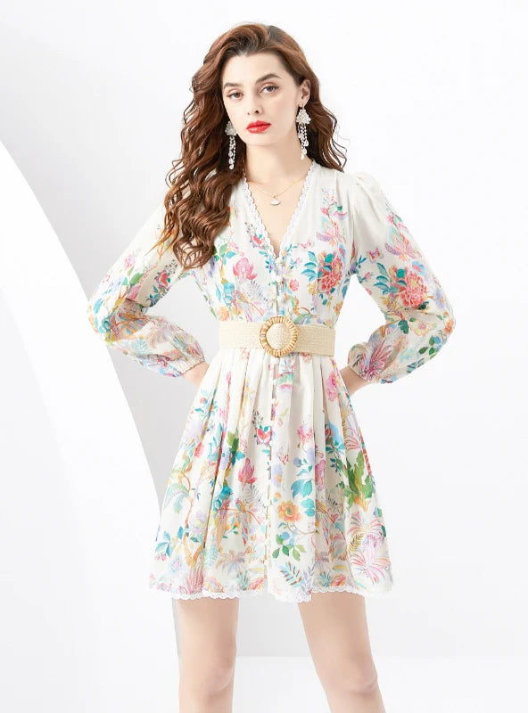 LACE V-NECK LANTERN SLEEVE PLEATED PRINTED SHORT DRESS