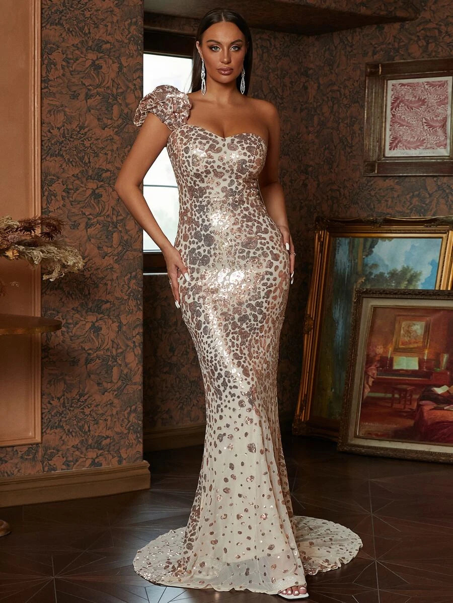 One-Shoulder Champagne Sequin Evening Dress