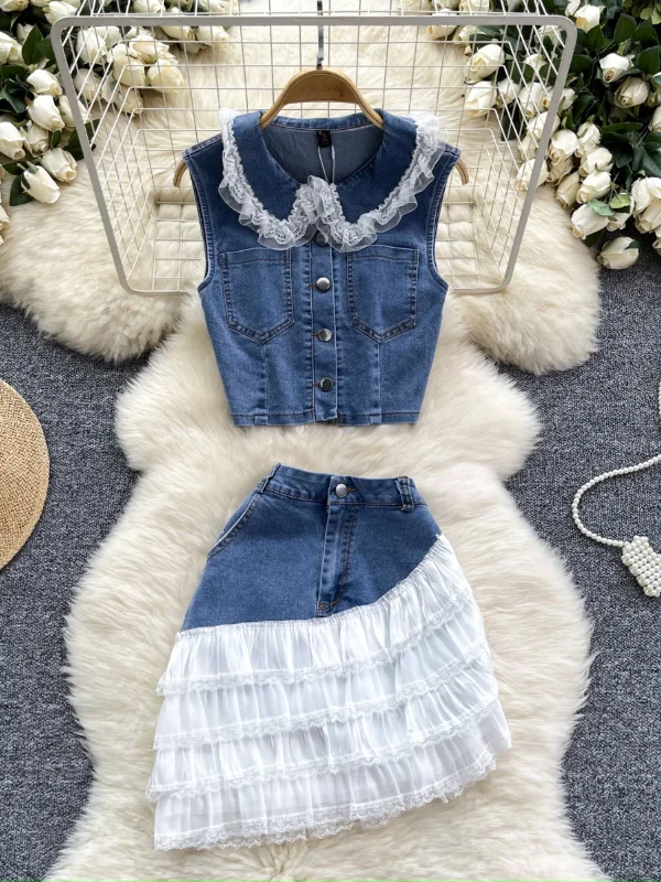 Ruffled Hem Lace Denim Vest and Skirt Set