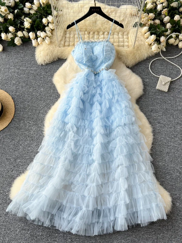 Ruffled Layers Spaghetti Straps Light Blue Tulle Dress