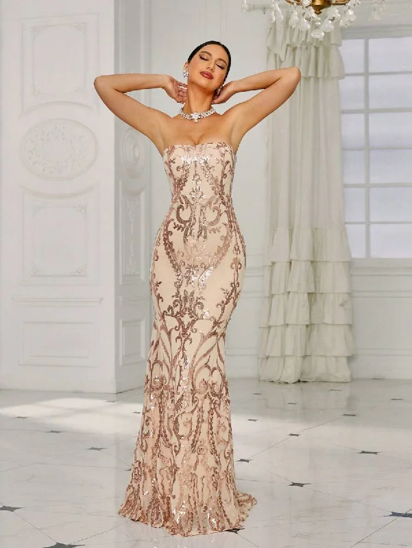 Sequin Embellishments Strapless Beige Party Dress