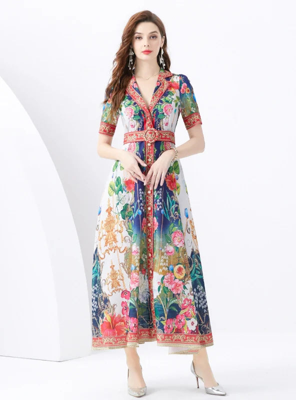 SHORT-SLEEVED PRINTED LONG DRESS