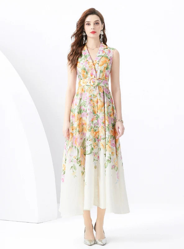 SLEEVELESS V-NECK PRINTED LONG DRESS