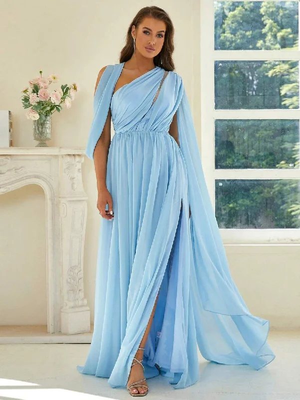 Unique Shoulder Drape Sky Blue Draped Evening Dress